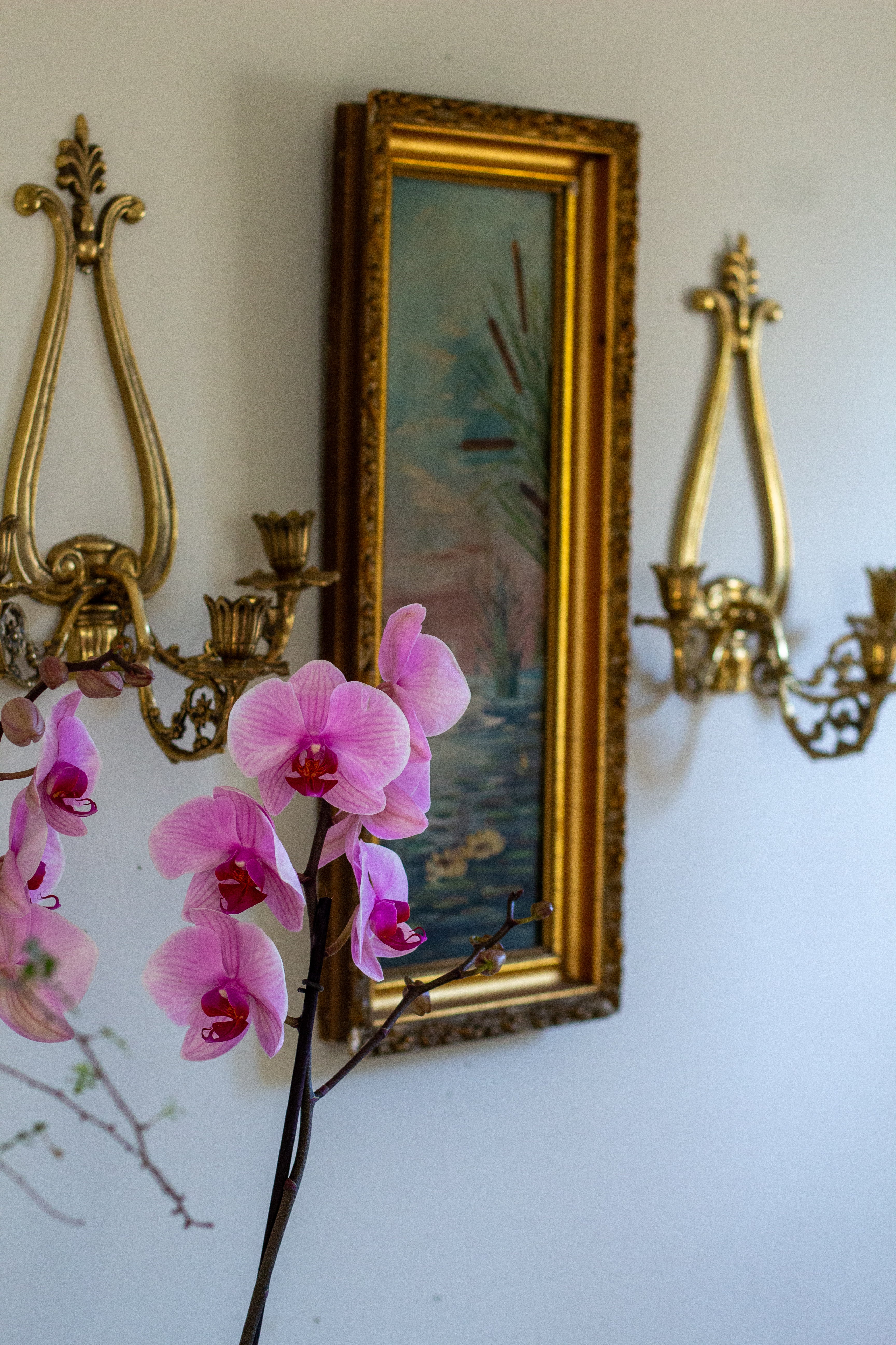 pair brass floral wall sconces