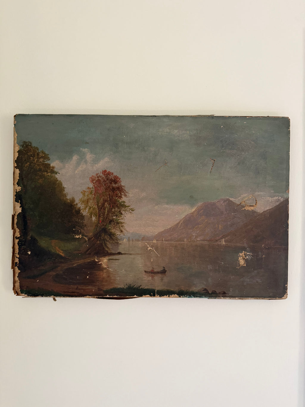 antique oil painting of lake and mountains