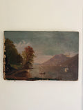 antique oil painting of lake and mountains
