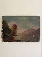 antique oil painting of lake and mountains