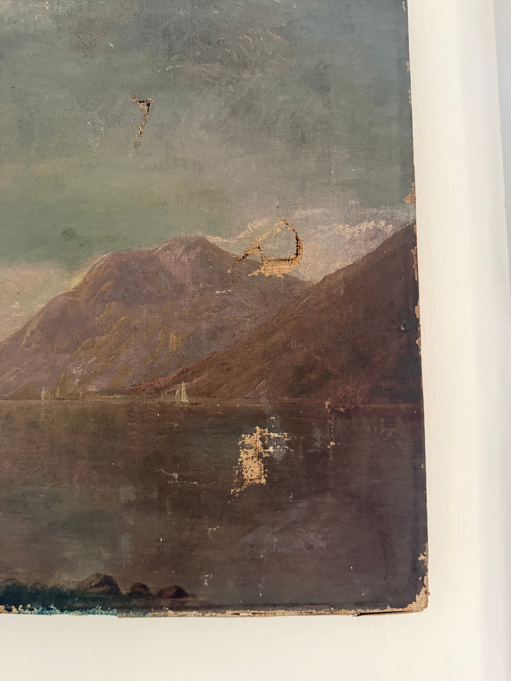 antique oil painting of lake and mountains