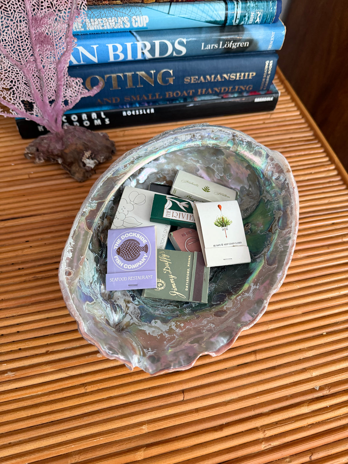 abalone shell with vintage matchbooks