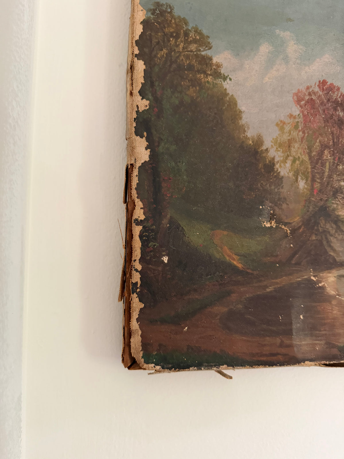 antique oil painting of lake and mountains