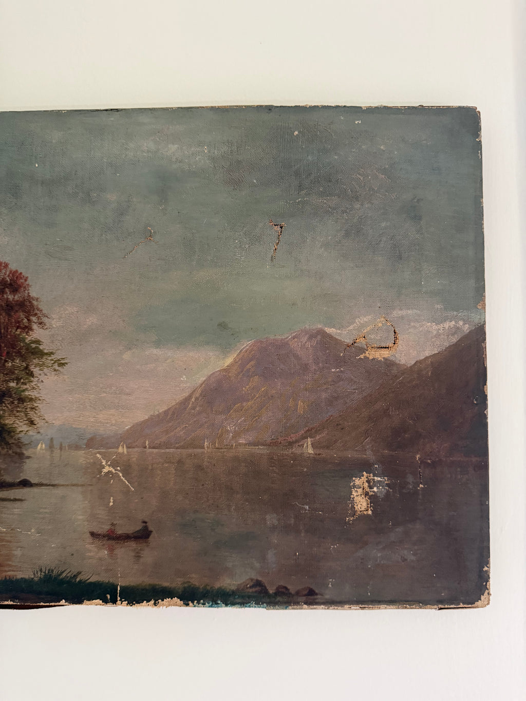antique oil painting of lake and mountains