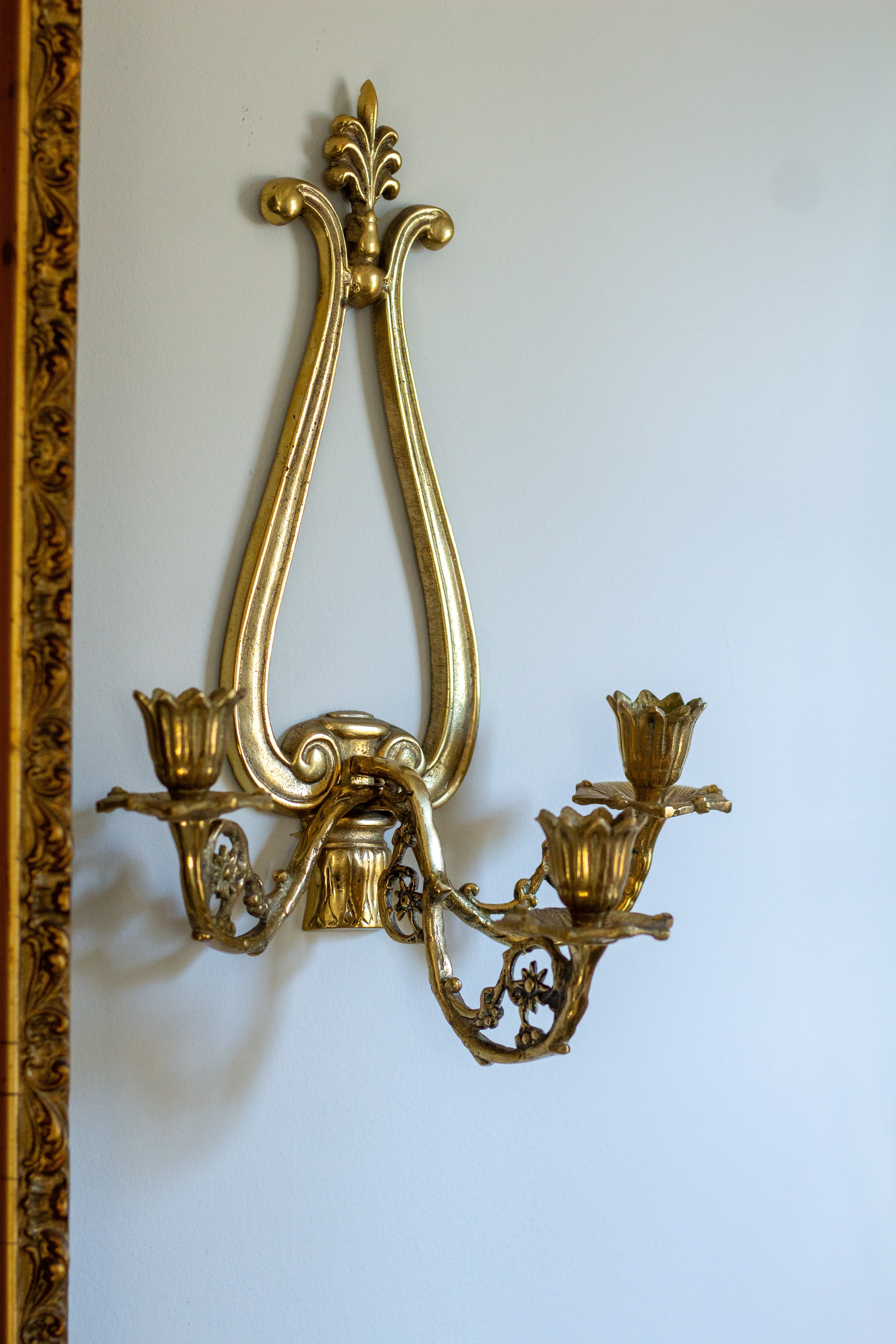 pair brass floral wall sconces