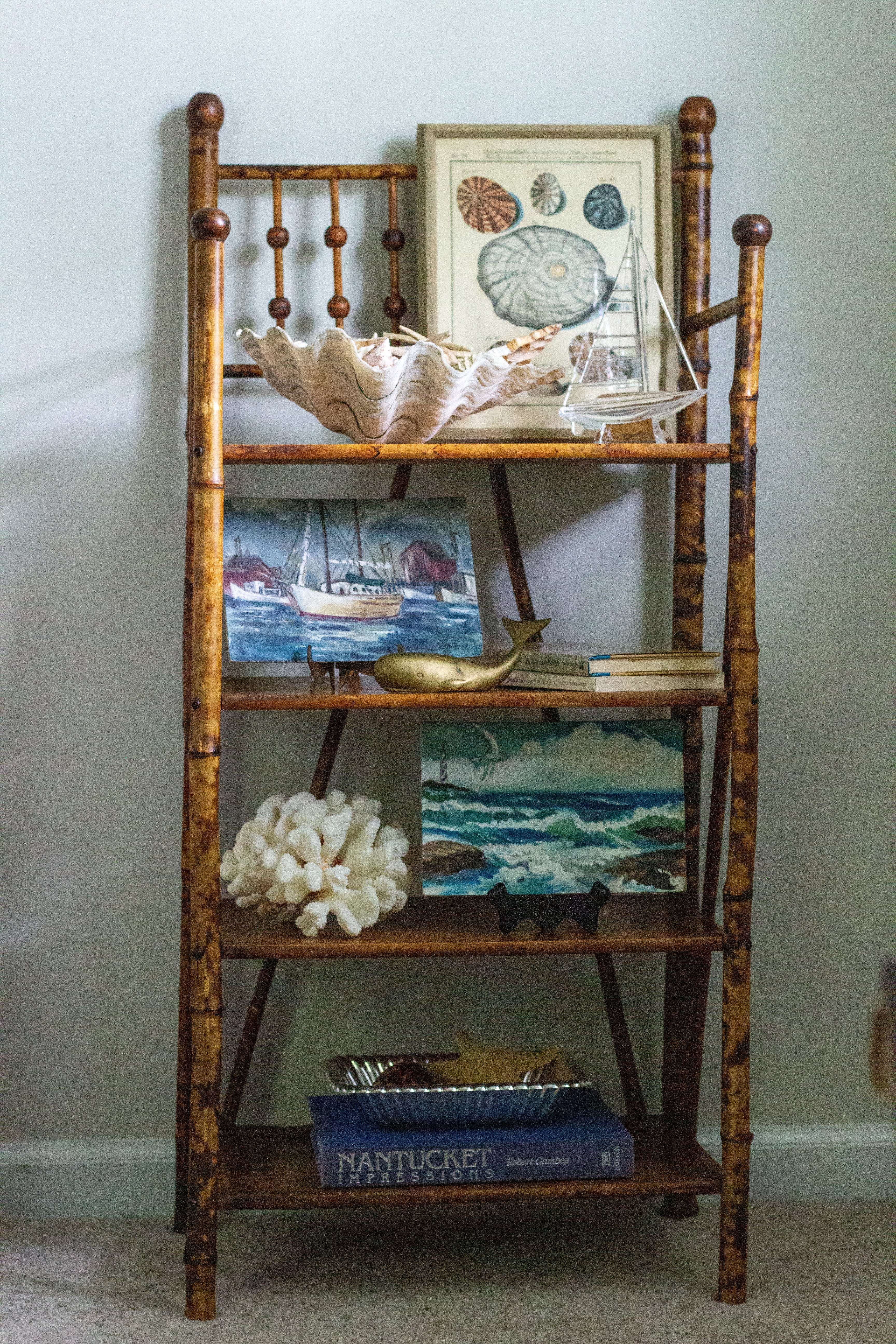 Vintage scorched bamboo etagere
