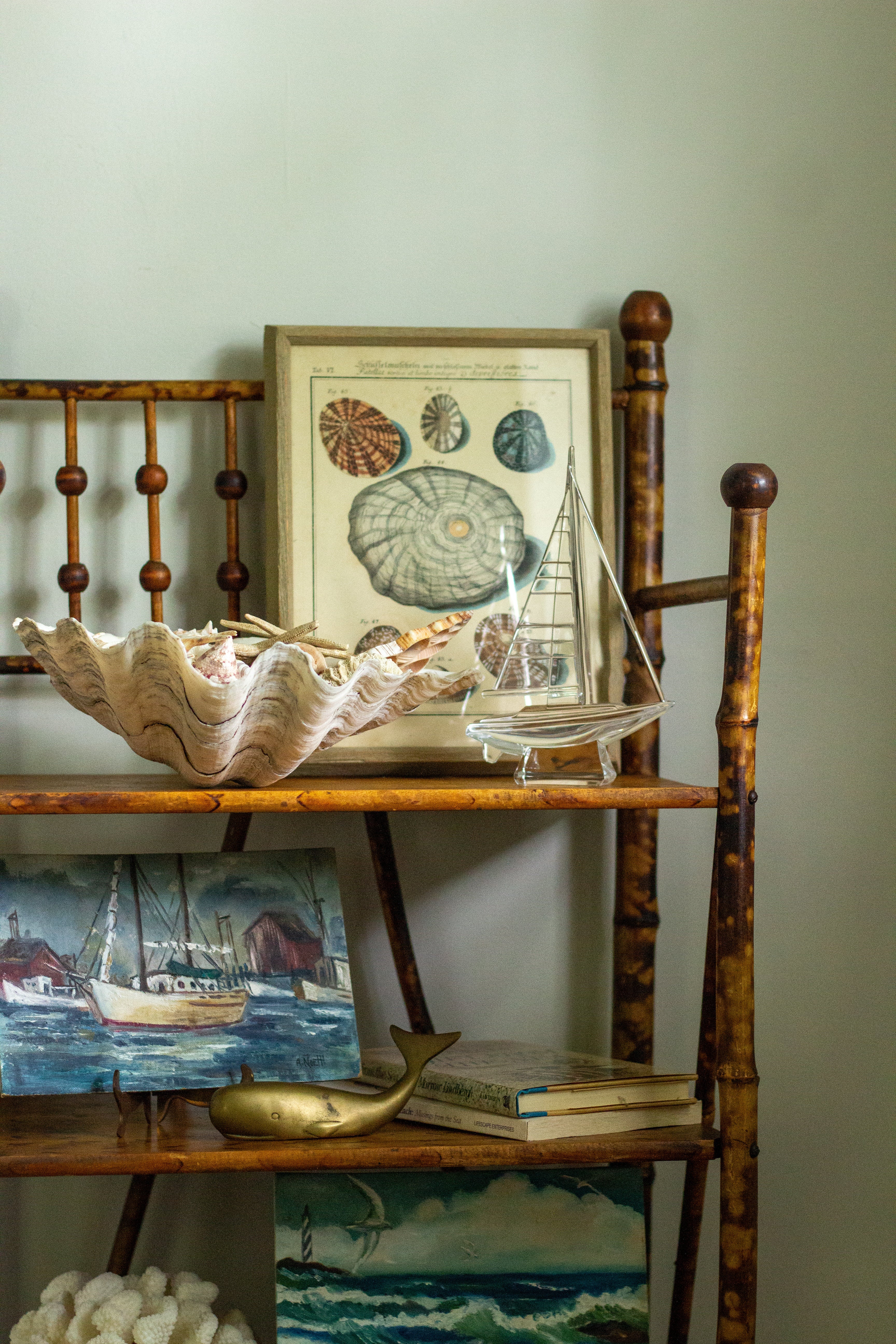 Vintage scorched bamboo etagere