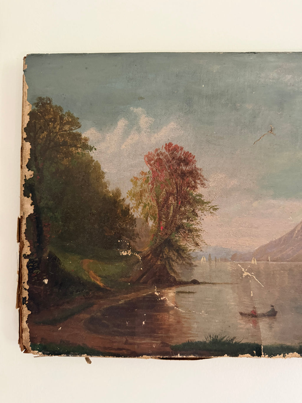 antique oil painting of lake and mountains